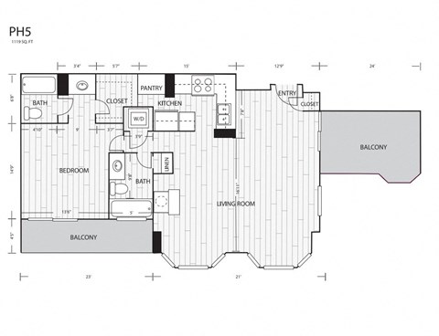 Floor plan for 1 bed, 2 baths, 1119 sqft